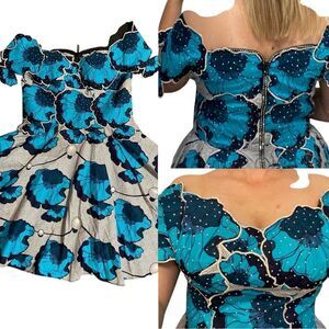 Blue floral rhinestone OOAK custom made festival coquette rockabilly pinup dress